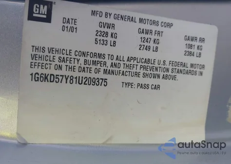 2001 Cadillac Deville Standard z USA, uszkodzony, nr VIN 1G6KD57Y81U209375